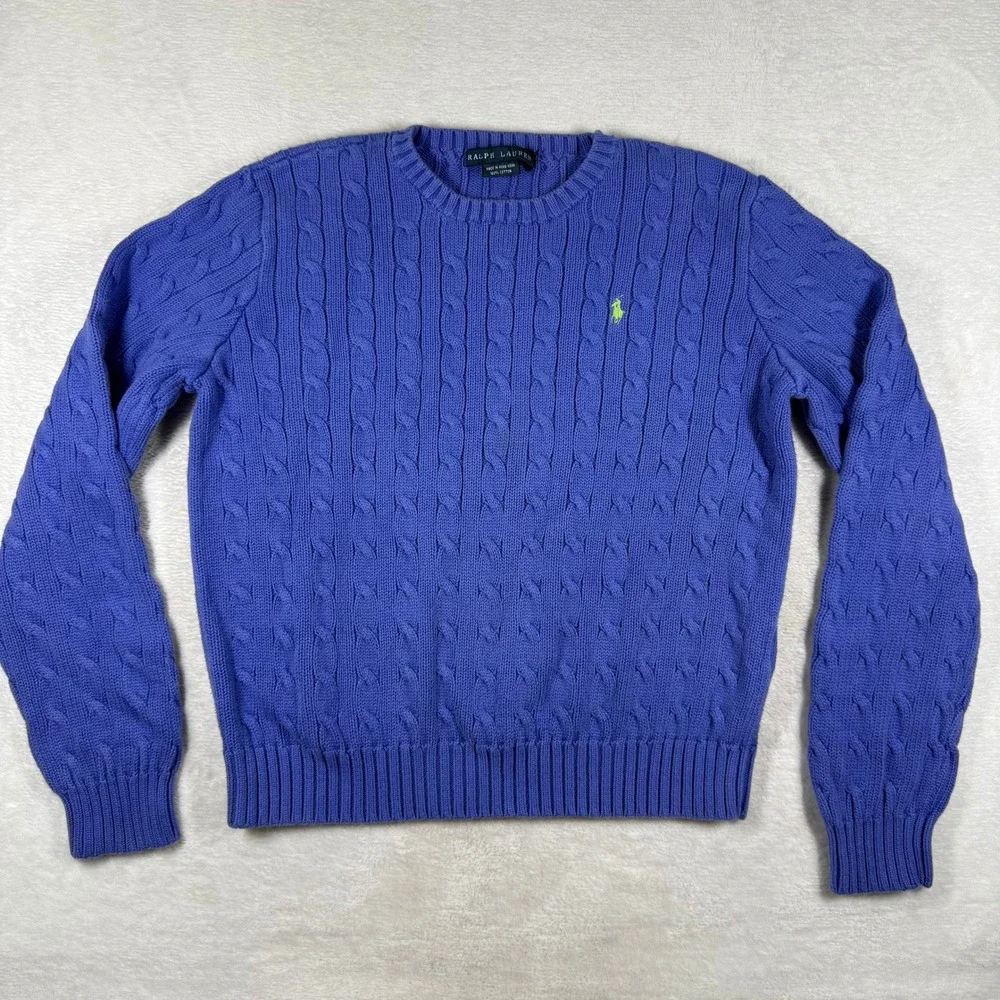 Ralph Lauren Blue Cable Knit Cotton Crew Neck Sweater XL Lime Green Pony Logo